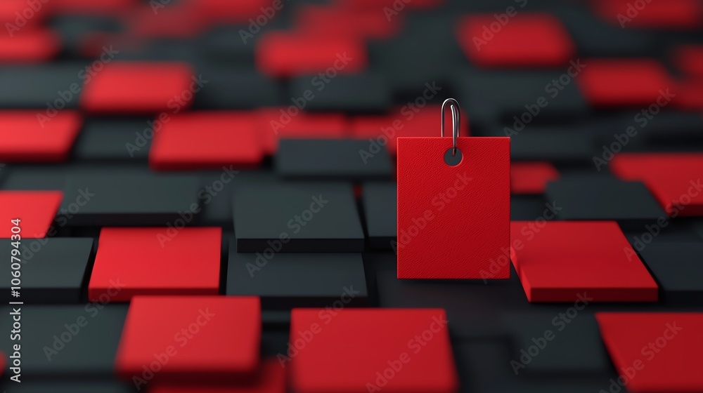 Obraz premium A striking red tag stands out amidst a background of black and red geometric shapes, symbolizing sale or promotional offers.