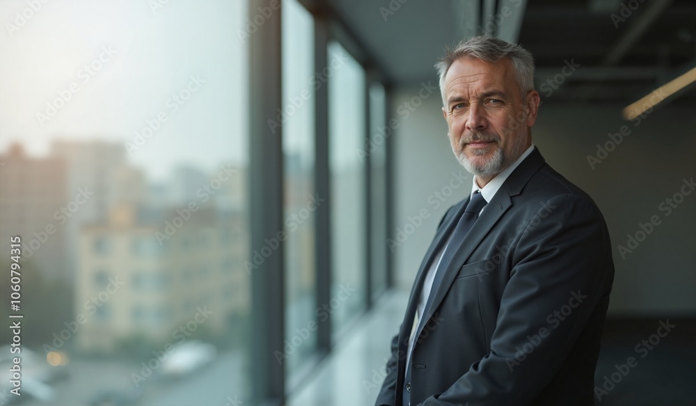 Confident Senior Executive with Serious Expression Standing in Modern Office Against City Skyline Confident Senior Executive with Serious Expression Standing in Modern Office Against City Skyline
