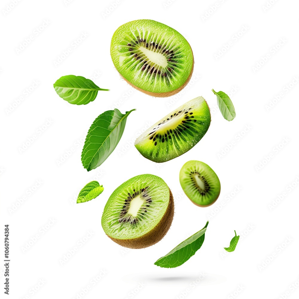 Fototapeta premium Kiwi with half slices falling or floating in the air with green leaves isolated on a white background