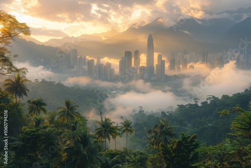 A vibrant city skyline emerging from a lush green landscape at dawn, showcasing the contrast between nature and urban development during construction