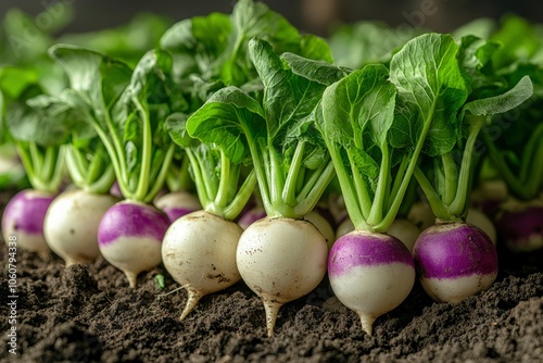 Close-up of Freshly Harvested Purple Top Turnips in Soil