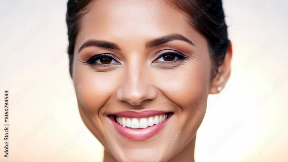 Smiling woman with bright eyes and radiant skin in natural light Smiling woman with bright eyes and radiant skin in natural light