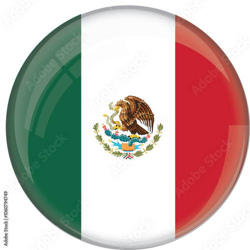 Mexico flag with glossy rounded button for football team and national emblem
