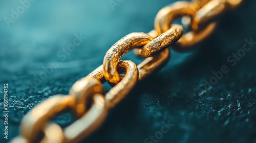 Close-up of a glossy gold chain link, showcasing intricate details and textures against a soft-focus dark background.