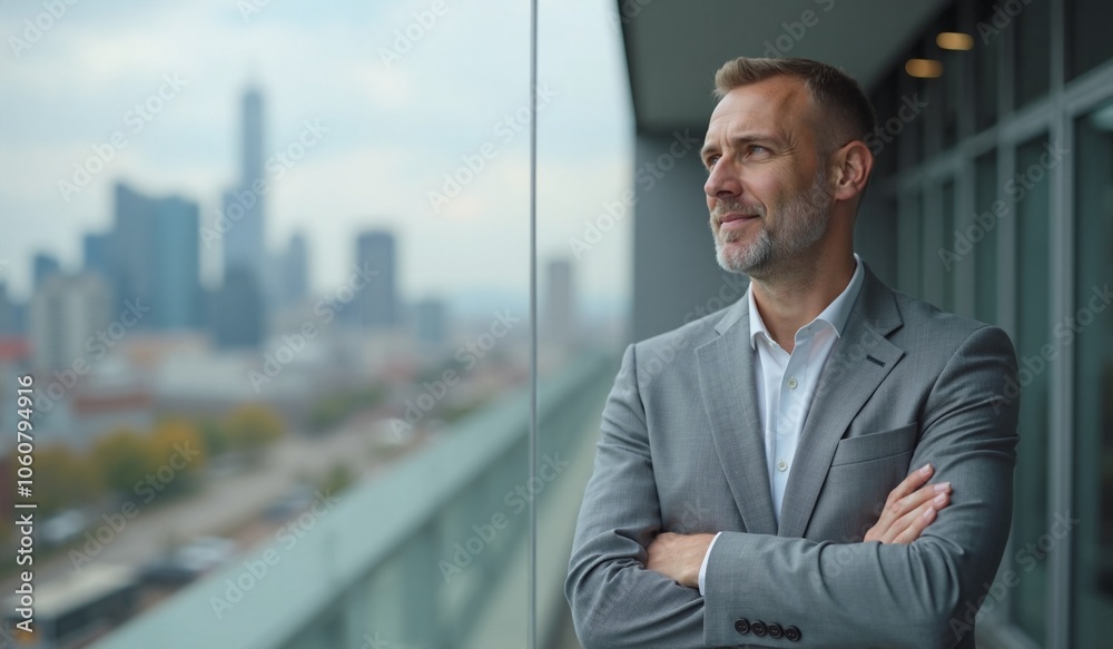 Confident businessman with contemplative expression overlooking cityscape from office window Confident businessman with contemplative expression overlooking cityscape from office window