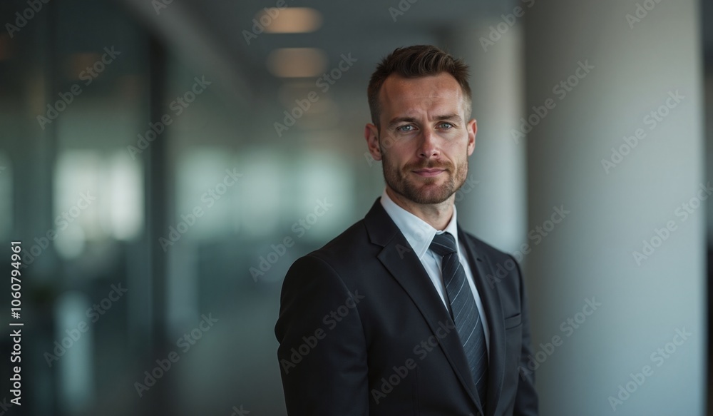 Confident businessman with determined expression standing in modern office hallway Confident businessman with determined expression standing in modern office hallway