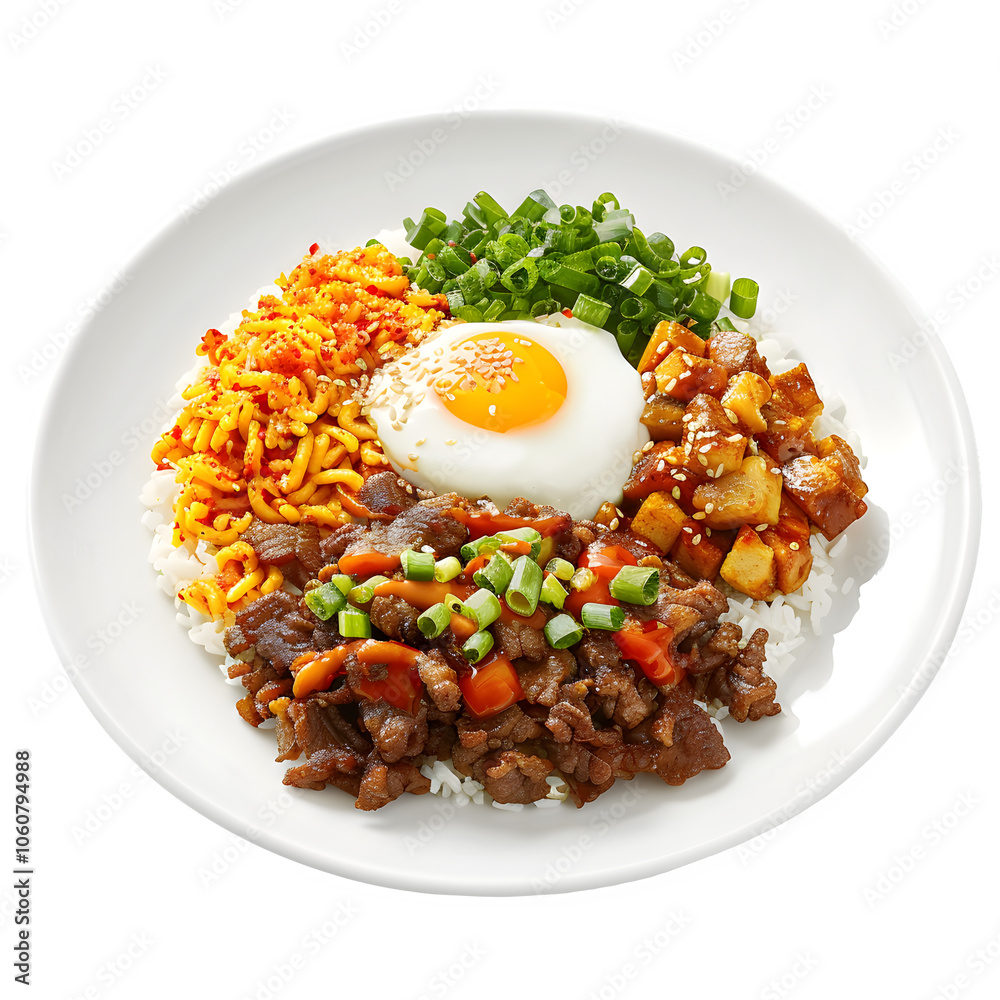 Mouth-watering korean bibimbap dish featuring beef, assorted vegetables, and a perfectly fried egg served on a white plate