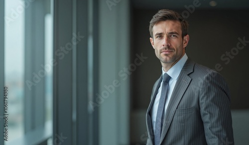 Confident businessman with determined expression standing in modern office with copy space