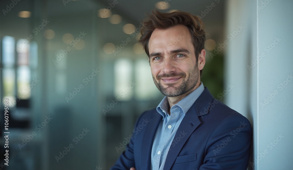 Fototapeta premium Confident businessman smiling warmly in modern office environment