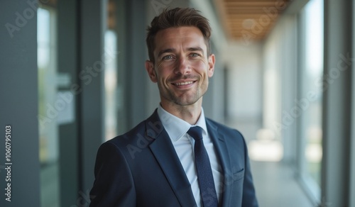 Confident businessman smiling warmly in modern office hallway