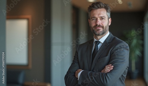 Confident businessman with beard standing confidently in office environment