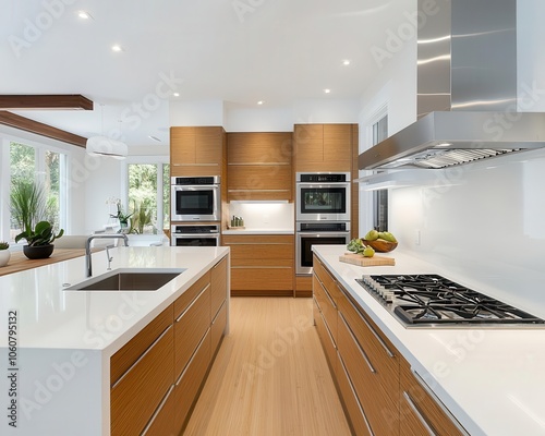 Modern bamboo kitchen, sleek design, quartz countertops, ecofriendly materials, and contemporary feel