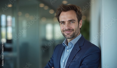 Confident businessman smiling warmly in modern office environment