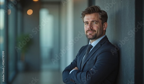 Confident businessman with thoughtful expression leaning against office wall