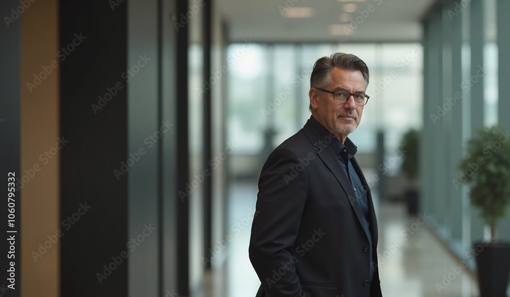 Confident Mature Businessman Standing in Modern Office Hallway