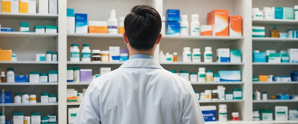 Farmaceuta stojący przed półką z lekami