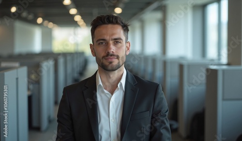 Confident Businessman with Determined Expression Standing in Modern Office