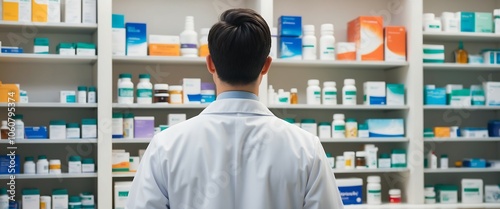 Obraz na płótnie Farmaceuta stojący przed półką z lekami w salonie