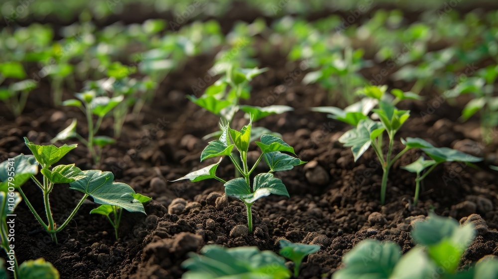 Close-up shot of a row of young green plants growing in rich, dark soil, representing the promise of a bountiful harvest. Close-up shot of a row of young green plants growing in rich, dark soil, representing the promise of a bountiful harvest.