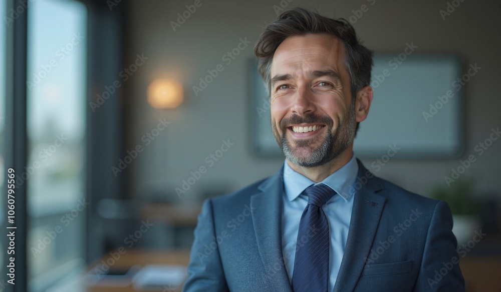 Confident Businessman with Warm Smile Posing in Modern Office
