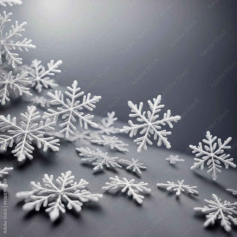 The photo shows a minimalist winter background: snowflakes along the edges form a frame on a light gray background. Small snow dots are scattered across the surface, creating a calm and chilly winter The photo shows a minimalist winter background: snowflakes along the edges form a frame on a light gray background. Small snow dots are scattered across the surface, creating a calm and chilly winter
