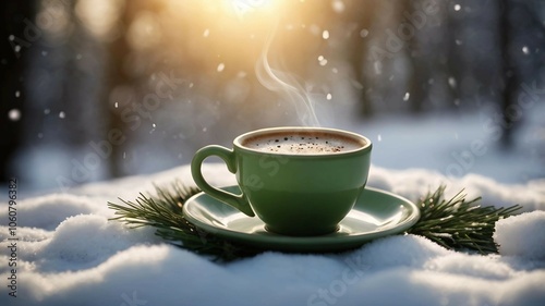 In the photo, there is a green coffee cup with a beautiful pattern made from milk froth on the surface. The cup sits on grass partially covered with fresh snow, creating a contrast between the greener