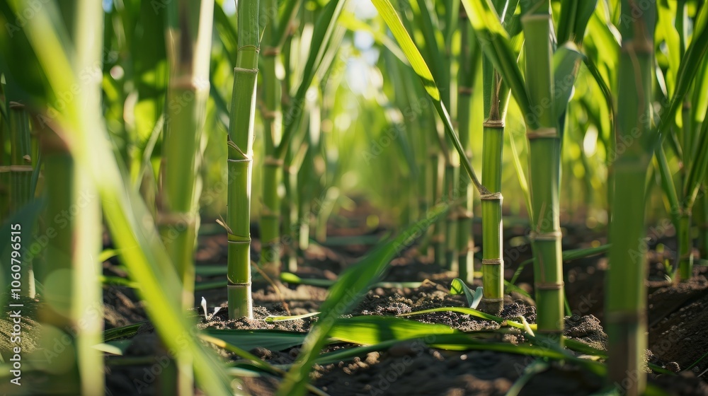 Obraz premium Close-up of a field of bamboo stalks, the vibrant green color and natural texture create a peaceful and calming mood.