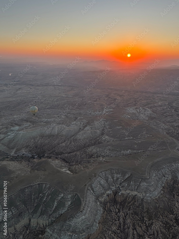 Colorful sunrise over Cappadocia during the hot air ballooning in Turkey