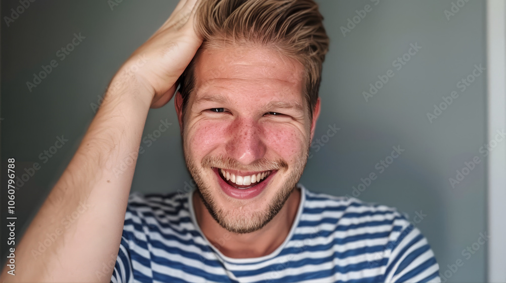 Portrait of a laughing man in a striped T-shirt
Portrait of a laughing man in a striped T-shirt