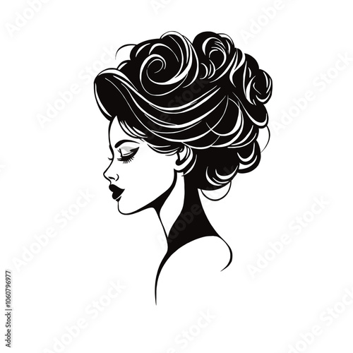 A black and white vector illustration of a woman with curly hair in an updo hairstyle
