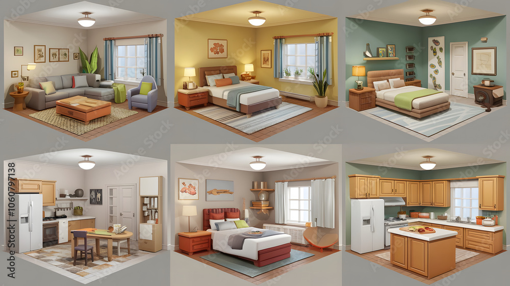 3D cartoonish models for a lounge (sofa, table, TV), bedroom (bed, nightstands, dresser), kitchen (appliances, table), bathroom (fixtures), office (desk, chair), and laundry room (washer, dryer).