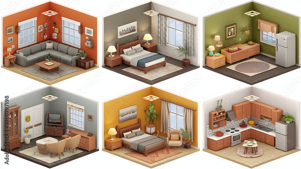 3D cartoonish models for a lounge (sofa, table, TV), bedroom (bed, nightstands, dresser), kitchen (appliances, table), bathroom (fixtures), office (desk, chair), and laundry room (washer, dryer). 3D cartoonish models for a lounge (sofa, table, TV), bedroom (bed, nightstands, dresser), kitchen (appliances, table), bathroom (fixtures), office (desk, chair), and laundry room (washer, dryer).