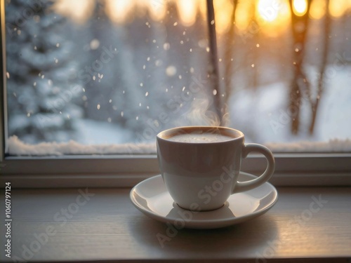 The photo shows a white cup on a saucer sitting on a windowsill. Snow is falling outside, and in the blurred background, snow-covered trees create a feeling of winter atmosphere and coziness.