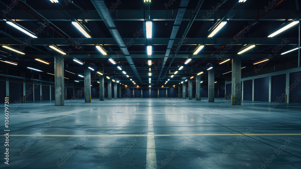 A spacious, empty underground parking garage illuminated by fluorescent lights. The clean, industrial design and open layout create a sense of modern functionality A spacious, empty underground parking garage illuminated by fluorescent lights. The clean, industrial design and open layout create a sense of modern functionality