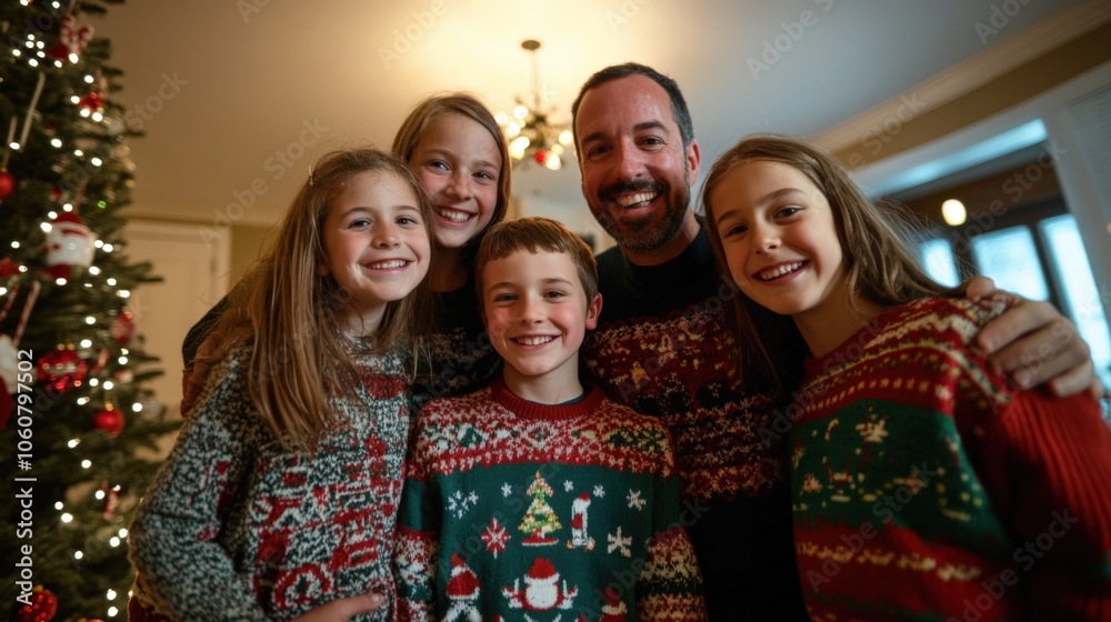 Happy Family in Matching Christmas Sweaters.