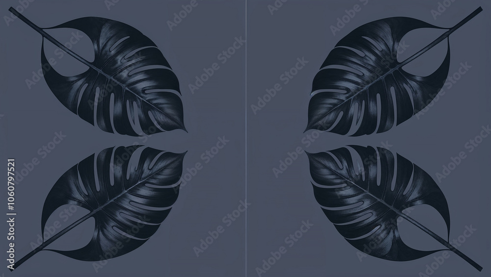 Four dark leaves positioned symmetrically on a gray background. Four dark leaves positioned symmetrically on a gray background.