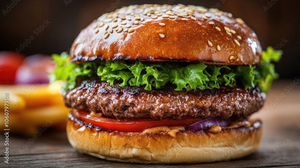 Close-Up of a Homemade Beef Burger on a Wooden Table, Featuring a Juicy Patty with Fresh Lettuce, Tomatoes, Cheese, and a Soft Bun, Perfect for Food Photography and Home Cooking Themes, Ideal for Micr Close-Up of a Homemade Beef Burger on a Wooden Table, Featuring a Juicy Patty with Fresh Lettuce, Tomatoes, Cheese, and a Soft Bun, Perfect for Food Photography and Home Cooking Themes, Ideal for Micr