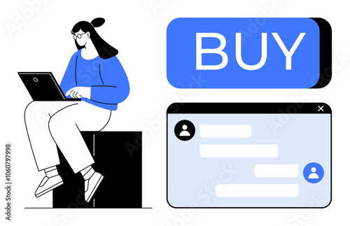 Person sitting on a block using a laptop. Buy button in blue, chat window with icons and text boxes. Ideal for e-commerce, digital transactions, customer support, online communication, chatbots