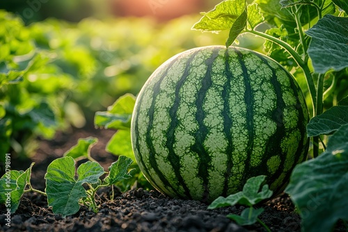 Ripe Watermelon Growing in a Garden