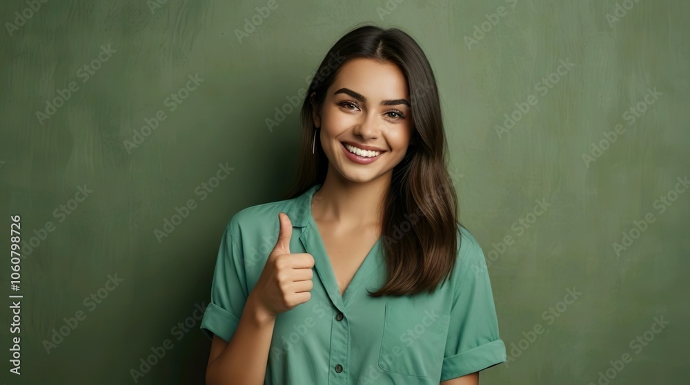 Portrait of Pretty cheerful girl copy space ad solution isolated over green color background Portrait of Pretty cheerful girl copy space ad solution isolated over green color background