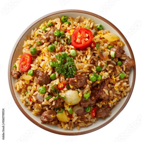 Mouth-watering dish of fried rice mixed with vegetables and meat, garnished with fresh herbs and served on a white plate