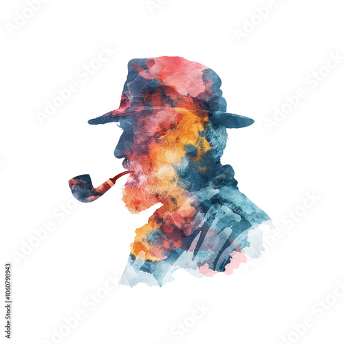 abstract color silhouette of old man with smoking pipe vector illustration in watercolor style