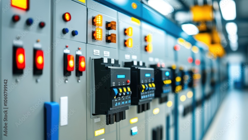 Industrial control panel, electrical switchboard, power distribution unit, circuit breakers, buttons and switches, blue and gray color scheme, fluorescent lighting, technical equipment, factory automa