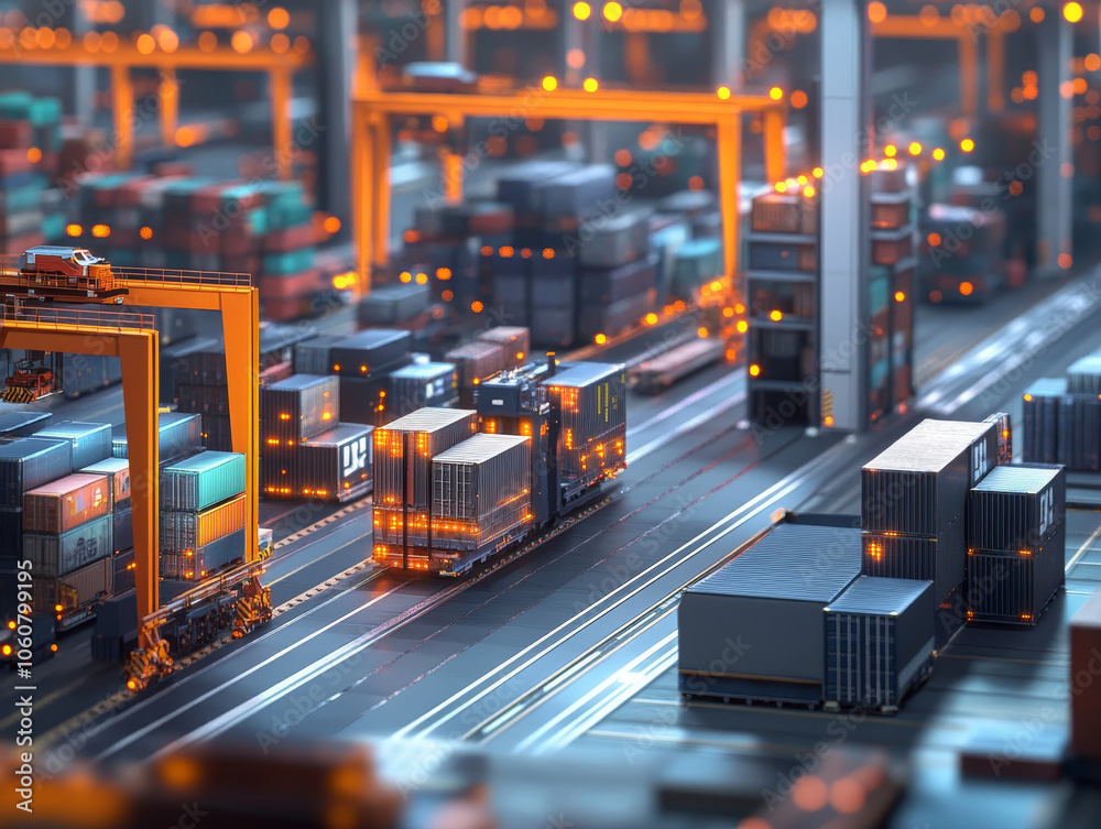 modern logistics facility with advanced technology, featuring containers and automated systems, showcasing efficiency and innovation in transportation
