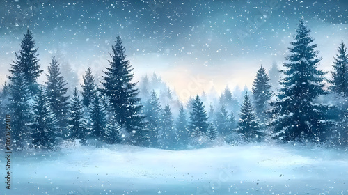 A Serene Winter Forest with Snow-Laden Pine Trees 