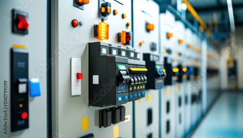 Industrial control panel, electrical switchboard, power distribution unit, circuit breakers, buttons and switches, blue and gray color scheme, fluorescent lighting, technical equipment, factory automa