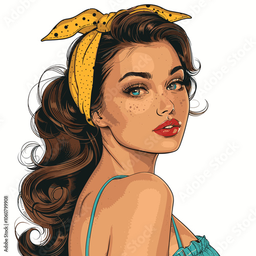 Woman with a yellow bandana on her head. She has red lips and blue eyes. The image is a cartoonish drawing of a woman with a retro style