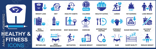 HEALTHY & FITNESS ICONS VECTOR DESIGN ILLUSTRATION.