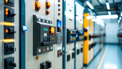 Industrial control panel, electrical switchboard, power distribution unit, circuit breakers, buttons and switches, blue and gray color scheme, fluorescent lighting, technical equipment, factory automa