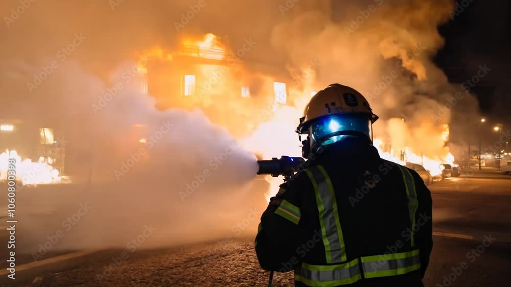 firefighterbuilding spraying water firefighter building firefighting emergency rescue brave heroic courageous action safety protection fireman fire hose extinguishing crisis danger teamwork response 